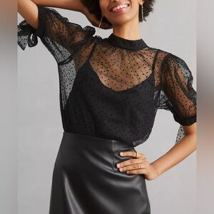 By Anthropologie Sheer Tulle Blouse, black, sz M, like new